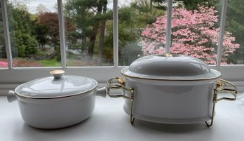 Vintage Andrea By Sadek Oven-to-table White Porcelain Casserole Dishes With Gold Trim