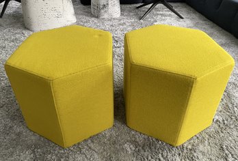 PR OF YELLOW BLU DOT HECKS OTTOMANS