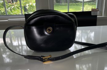 Vintage Tiffany & Co. Black Leather Crossbody Bag With Circular Gold-Tone Logo Clasp