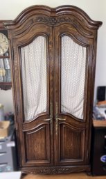 Country French Carved Oak Armoire Wardrobe With Wire Mesh Door Panels