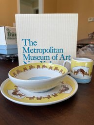 Vintage Hartstone Pottery Child's Dish Set By The Metropolitan Museum Of Art Featuring A Teddy Bear Pattern