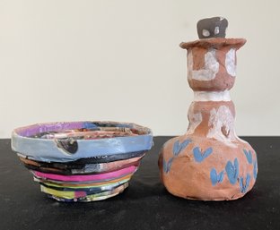 Vintage Handmade Crafts - Paper-mach Bowl And A Small Ceramic Vessel
