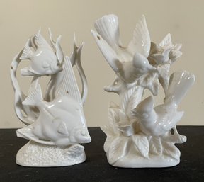 Pair Of White Porcelain Figurines 'Angelfish In Sea Grass' And A Matching Bird/floral Arrangement