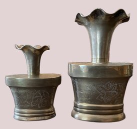 Pair Vintage Silver Plated Engraved Flower Vase