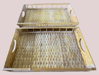 Set Of Rectangular, Hand-woven Rattan Serving Trays