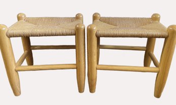 PR Vintage Danish-style Wooden Stools With Woven Rush Or Cord Seats.
