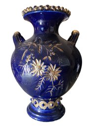 HAND PAINTED FLORAL DESIGN COBALT BLUE WITH GOLD COLOR ACCENTS VASE
