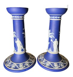 VINTAGE GRECO ROMAN WEDGWOOD ENGLAND COBALT BLUE AND WHITE CLASSICAL JASPERWARE CANDLE HOLDERS