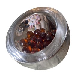 SIGNED VINTAGE ALFREDO BARBINI MURANO CRYSTAL CLEAR GLASS VASE WITH BOHEMIAN AMBER GLASS MARBLES