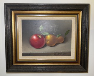 FRAMED SIGNED STILL LIFE PORTRAIT OF APPLE, PEAR AND GLASS CUP BY DONALD ALLAN  ART PRINT