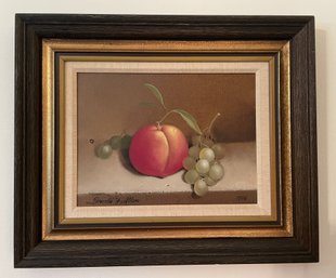 FRAMED SIGNED STILL LIFE PORTRAIT OF A PEACH CLUSTERED BY GRAPES BY DONALD ALLAN  ART PRINT