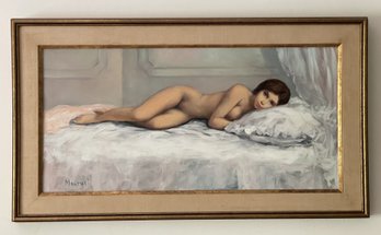 SIGNED OIL ON CANVAS 'PORTRAIT OF A NUDE WOMAN RESTING ON BED'