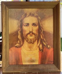 Framed Vintage Print Depicting The Sacred Heart Of Jesus
