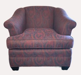 Vintage English-Style Rolled-Arm Club Chair In Intricate Paisley Tapestry Fabric
