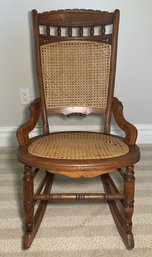 Rare Antique Victorian Eastlake Walnut Rocking Chair With Woven Cane Seat And Back