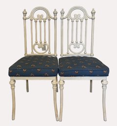 Pair Of Vintage Hollywood Regency Style Cream Painted Metal Side Chairs With Neoclassical Heart Motif Backs
