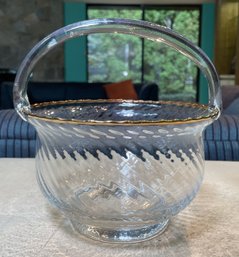 Elegant Vintage Clear Swirl Glass Basket With 24K Gold Trimmed Rim And Handle
