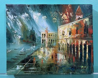 Mid-Century Modern Impressionist Venetian Canal Scene Oil Painting Signed Reuben