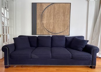 NAVY RALPH LAUREN SOFA WITH BRASS NAIL HEAD TRIM