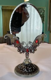 Ornate Vintage-Style Butterfly & Flower Tabletop Vanity Mirror, Velvet Backed With Red Rhinestones