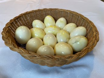 Vintage Polished Marble Alabaster Eggs In Woven Basket