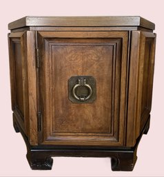 Mid-Century Burl Walnut Cabinet End Table With Brass Hardware