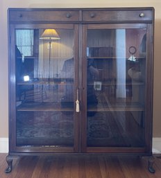 ANTIQUE DOUBLE KEYED DOORS-2 DRAWER CURIO CABINET