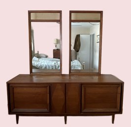 MCM Walnut Dual Mirror Vanity Dresser By Basic Witz