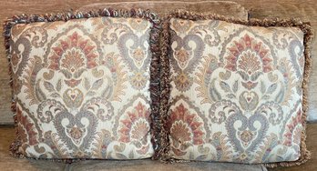 Pair Of Elegant Traditional Damask Patterned Fringed Down Filled Throw Pillows