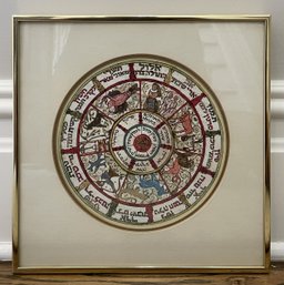 Vintage Framed Hebrew Zodiac & Calendar Cycle Lithograph - 17th Century Sefer Evronot Reproduction