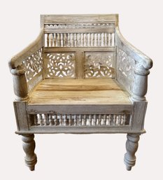 Maharaja Sandblasted White Wood Hand-Carved Arm Chair