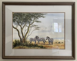 Framed African Wildlife Watercolor Painting Signed By Kenyan Artist Ng'ang'a Ndeveni