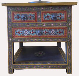 Hand-Painted Multicolor, Ethnic Embossed 3-Drawer Side Table