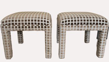 Pair Of Vintage Custom-Upholstered Parsons-Style Ottomans In Geometric Grid Velvet