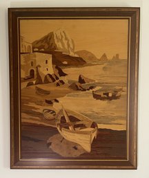 FRAMED  ITALIAN WOOD INLAY MARQUETRY ART PRINT DEPICTING COASTAL SCENE