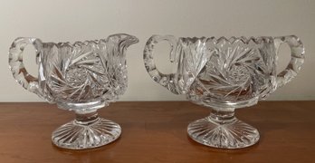 AMERICAN BRILLIANT CRYSTAL CUT CLEAR GLASS PEDESTAL SUGAR BOWL AND CREAMER
