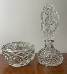 VINTAGE CRYSTAL CUT TRINKET DISH AND MCM CRYSTAL CUT PERFUME BOTTLE WITH ORNATE SUNFLOWER DESIGN