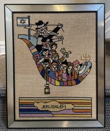 Mid-Century Folk Art Style Framed Hand-Stitched Needlepoint 'Journey To Jerusalem'
