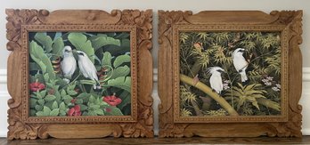 Pair Of Fine Balinese Keliki Miniature Tropical Bird Paintings By W. Sena & Widya