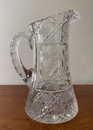 VINTAGE AMERICAN BRILLIANT ETCHED FLORAL AND BUTTERFLY DESIGN CUT GLASS PITCHER W/ HANDLE