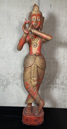 Hand-carved Wooden Statue, Likely Representing A Hindu Or Buddhist Deity