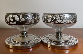 PR OF ART NOUVEAU STERLING SILVER OVERLAY SHERBET GLASSES