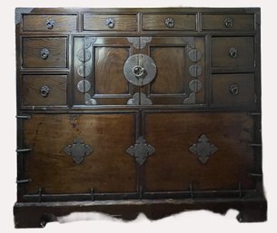 Antique Style Korean Elm Tansu Bandaji Chest With Ornate Brass Hardware
