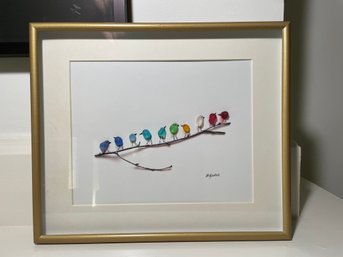 Original Signed Kilpatrick Framed Sea Glass Art – 'Rainbow Birds On A Branch' Mixed Media Coastal Wall Decor