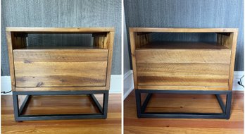 PR OF WEST ELM NATURAL TONE ACACIA WOOD ON IRON FRAME 1 DRAWER NIGHTSTANDS