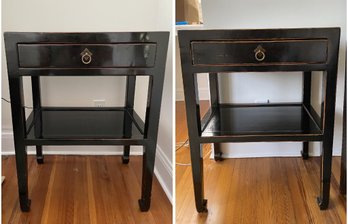 PR OF ANTIQUE BLACK LACQUER PEDESTAL END TABLES WITH SHELF AND DRAWER