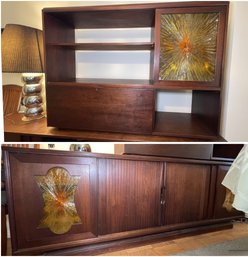 MCM VLADIMIR KAGAN STYLE CREDENZA WITH DRY BAR TOP GLASS AND TAMBOUR DOORS