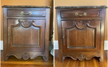 Pair Of Bernhardt Louis XV French Provincial Mahogany Nightstands With Ogee-beveled Marble Top