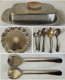 Assorted Collection Of Silver Plated And Stainless Steel Serving Plate, Butter Dish And Utensils