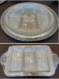 Silver Plate Tray With A Divided Pressed Glass Insert And A Silverplate Relish Serving Tray With Glass Inserts